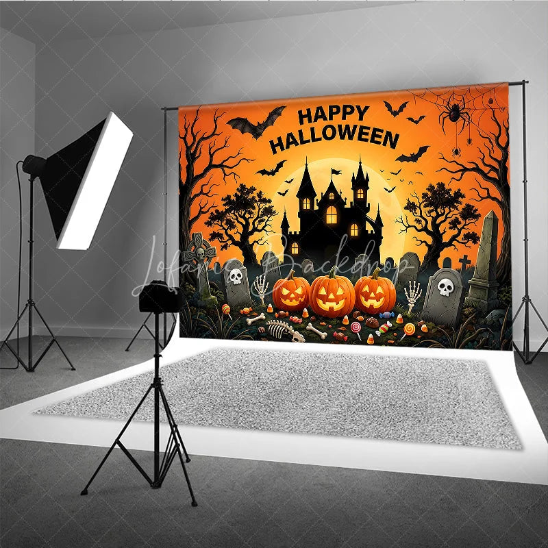 Lofaris Happy Halloween Spooky Castle and Jack-O-Lanterns Holiday Backdrop Spiders Eerie Graveyard Scene Party Decor