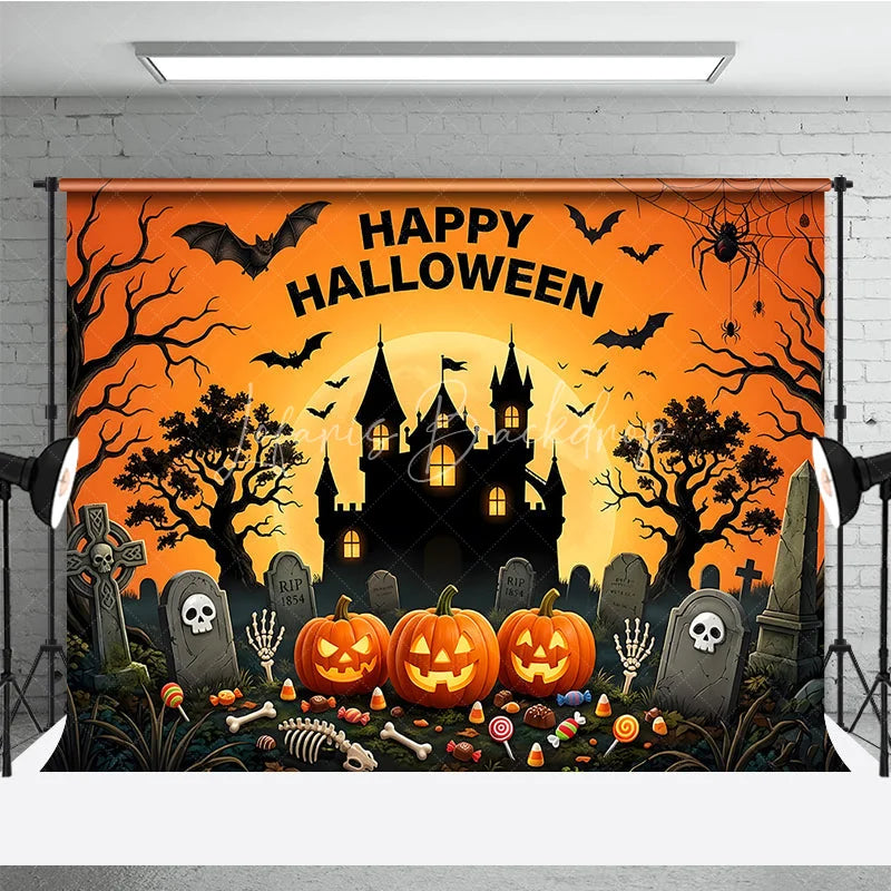 Lofaris Happy Halloween Spooky Castle and Jack-O-Lanterns Holiday Backdrop Spiders Eerie Graveyard Scene Party Decor
