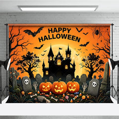 Lofaris Happy Halloween Spooky Castle and Jack-O-Lanterns Holiday Backdrop Spiders Eerie Graveyard Scene Party Decor