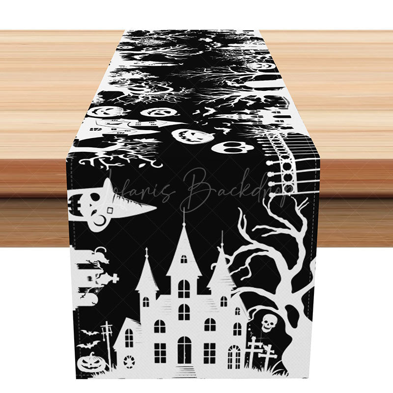 Lofaris Happy Halloween Table Runner with Black and White Haunted Manor for Gothic Spooky Party Decor