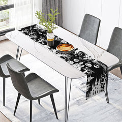 Lofaris Happy Halloween Table Runner with Black and White Haunted Manor for Gothic Spooky Party Decor