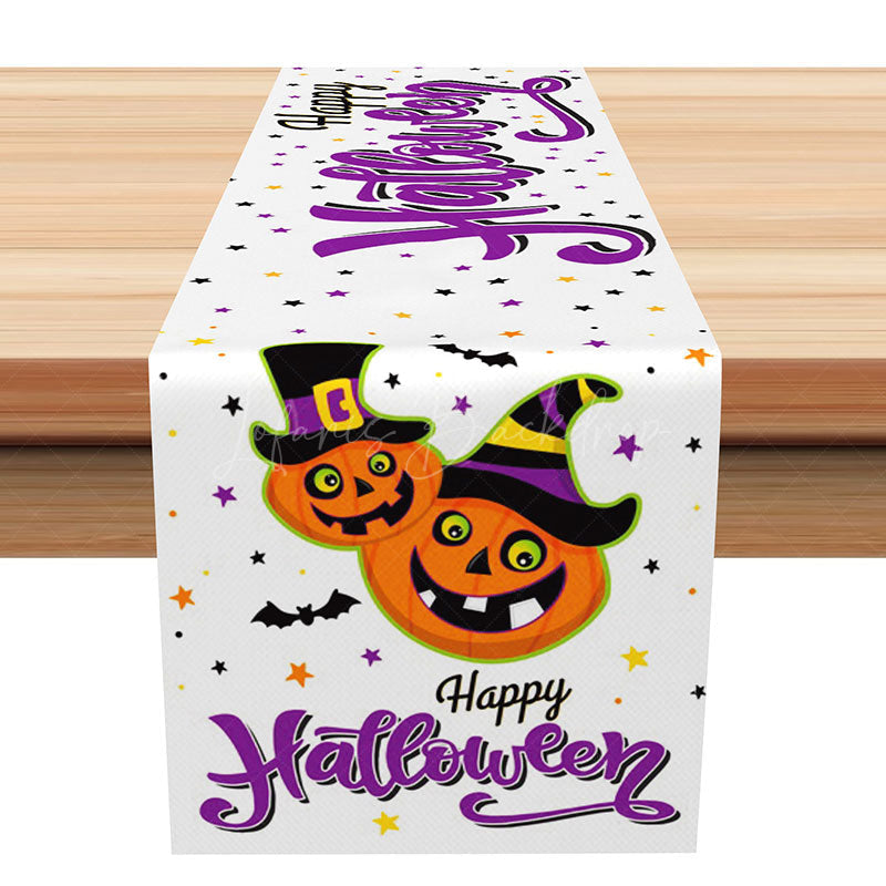 Lofaris Happy Halloween Table Runner with Purple Pumpkin and Witch Hats for Spooky Fun Party Decor