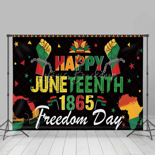 Lofaris Happy Juneteenth 1865 Freedom Day Backdrop Shackled Fists and Africa Map Background Black History Party Banner