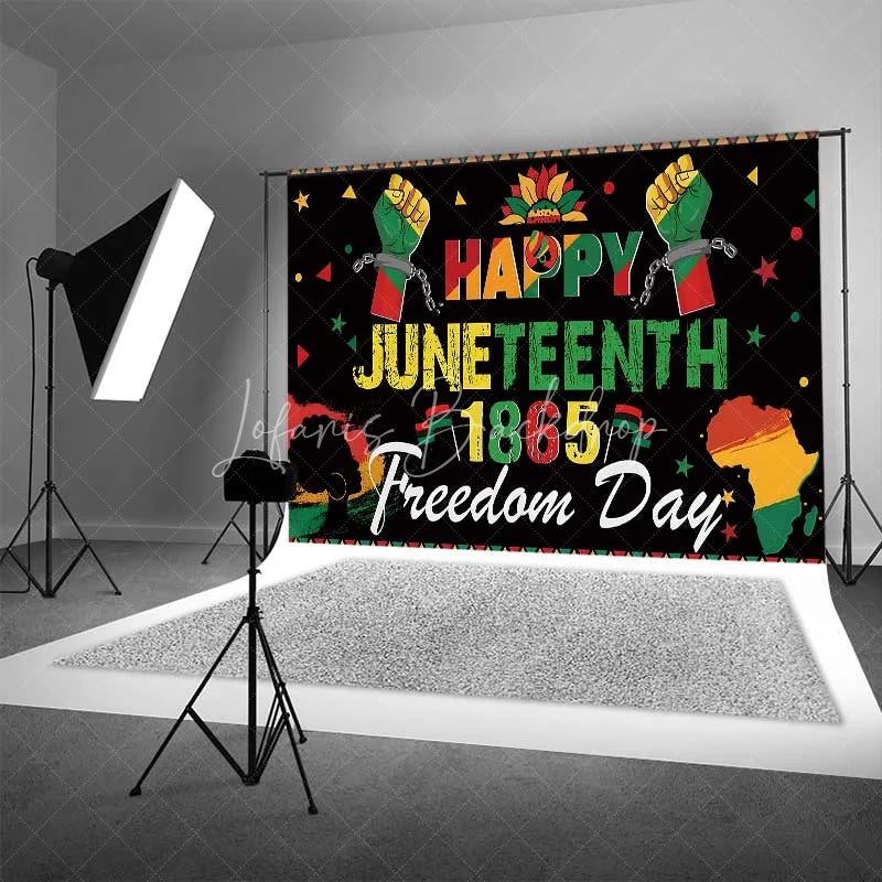 Lofaris Happy Juneteenth 1865 Freedom Day Backdrop Shackled Fists and Africa Map Background Black History Party Banner