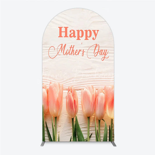 Lofaris Happy Mother’s Day Pink Tulips and White Wood Round Top Arch Backdrop Elegant Floral Celebration Decor