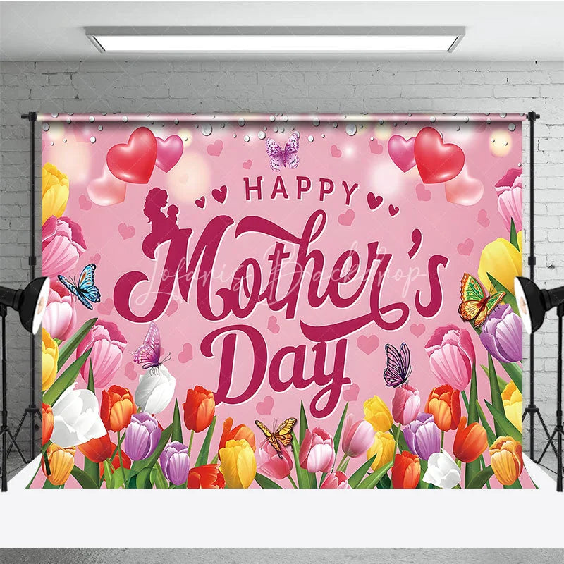 Lofaris Happy Mother’s Day Backdrop Pink Tulips and Butterflies Floral Celebration Photo Background