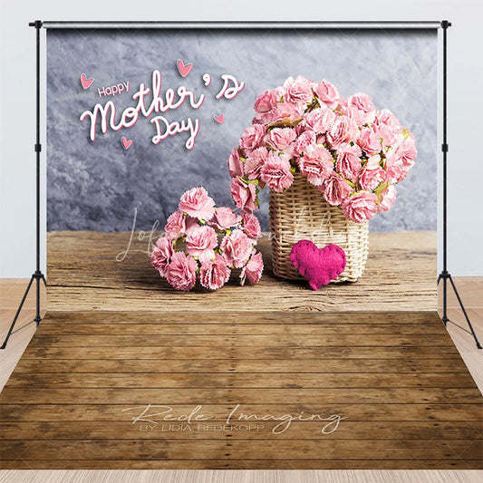 Lofaris Happy Mother’s Day Pink Carnations Basket Combo Set Backdrop Rustic Wood Floor Gray Wall for Celebration