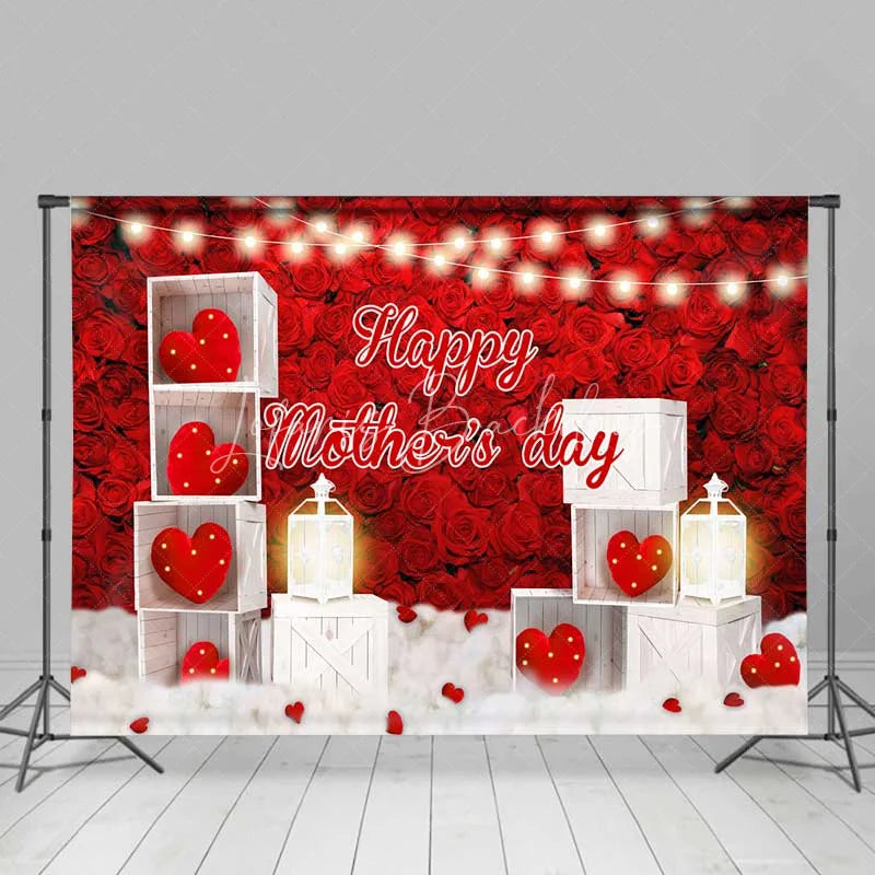 Lofaris Happy Mother’s Day Red Roses Combo Set Backdrop Hearts String Lights White Crates Photography