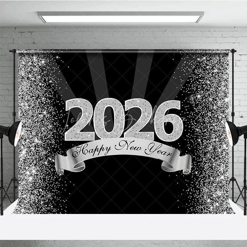 Lofaris Happy New Year 2026 Backdrop in Black and Silver Glitter Elegant Diamond Themed NYE Party Spotlight Decor