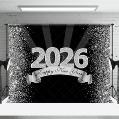 Lofaris Happy New Year 2026 Backdrop in Black and Silver Glitter Elegant Diamond Themed NYE Party Spotlight Decor
