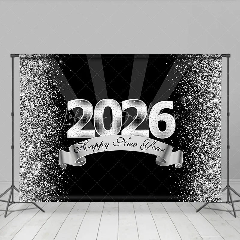 Lofaris Happy New Year 2026 Backdrop in Black and Silver Glitter Elegant Diamond Themed NYE Party Spotlight Decor