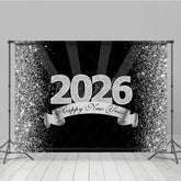 Lofaris Happy New Year 2026 Backdrop in Black and Silver Glitter Elegant Diamond Themed NYE Party Spotlight Decor