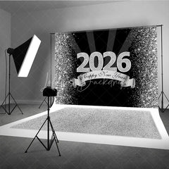 Lofaris Happy New Year 2026 Backdrop in Black and Silver Glitter Elegant Diamond Themed NYE Party Spotlight Decor
