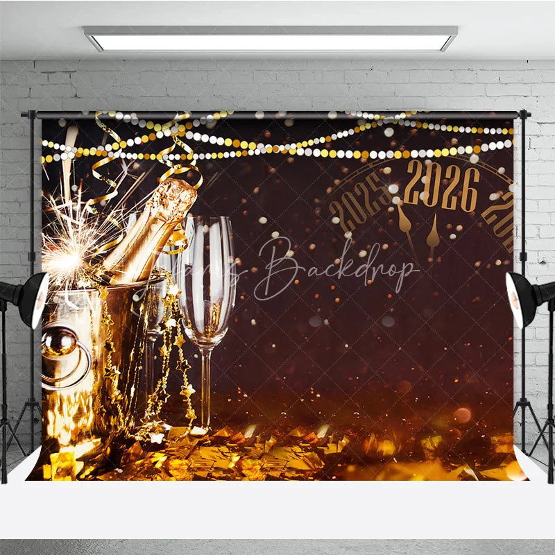 Lofaris Happy New Year 2026 Backdrop with Countdown Clock Champagne and Sparkler Black Gold NYE Party Decor