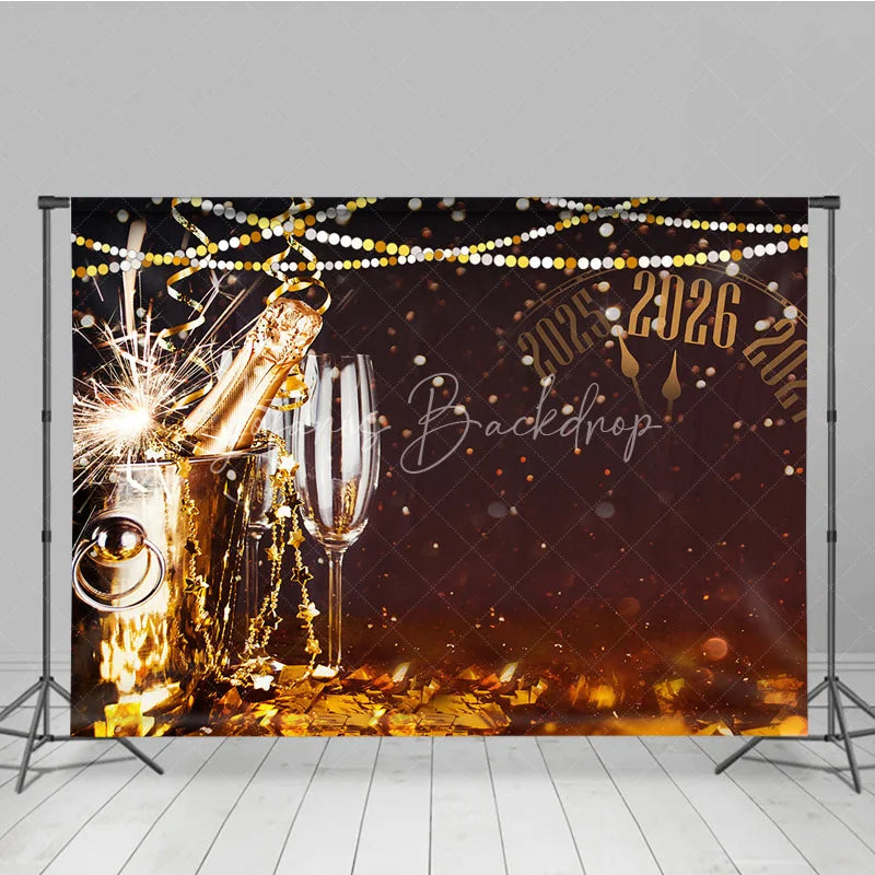 Lofaris Happy New Year 2026 Backdrop with Countdown Clock Champagne and Sparkler Black Gold NYE Party Decor