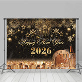Lofaris Happy New Year 2026 Backdrop with Gold Fireworks Clock and Champagne Black NYE Party Photo Booth Decor
