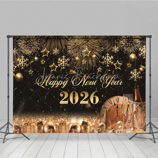 Lofaris Happy New Year 2026 Backdrop with Gold Fireworks Clock and Champagne Black NYE Party Photo Booth Decor
