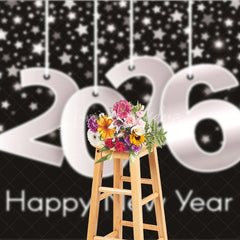 Lofaris Happy New Year 2026 Backdrop with Hanging Silver Numbers Black Background Stars Modern NYE Party Decor