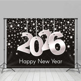 Lofaris Happy New Year 2026 Backdrop with Hanging Silver Numbers Black Background Stars Modern NYE Party Decor