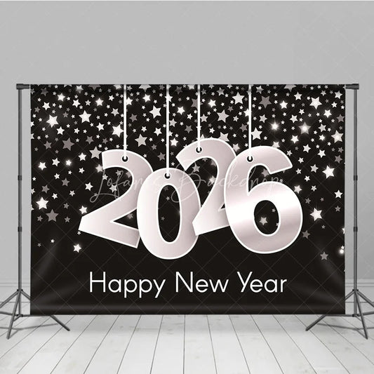 Lofaris Happy New Year 2026 Backdrop with Hanging Silver Numbers Black Background Stars Modern NYE Party Decor