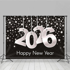 Lofaris Happy New Year 2026 Backdrop with Hanging Silver Numbers Black Background Stars Modern NYE Party Decor