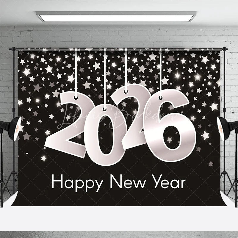 Lofaris Happy New Year 2026 Backdrop with Hanging Silver Numbers Black Background Stars Modern NYE Party Decor