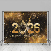 Lofaris Happy New Year 2026 Backdrop with Popping Champagne Clock and Gold Confetti Black NYE Party Decor