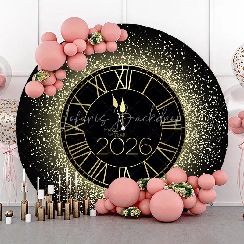 Lofaris Happy New Year 2026 Midnight Clock Round Backdrop Black and Gold Glitter Countdown Elegant NYE Party Decor