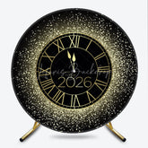 Lofaris Happy New Year 2026 Midnight Clock Round Backdrop Black and Gold Glitter Countdown Elegant NYE Party Decor