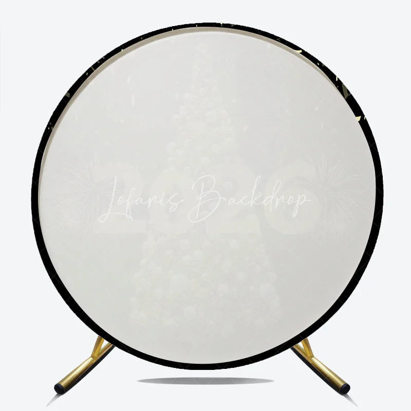 Lofaris Happy New Year 2026 Round Backdrop with Golden Christmas Tree Fireworks and Confetti Elegant NYE Party Decor