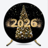 Lofaris Happy New Year 2026 Round Backdrop with Golden Christmas Tree Fireworks and Confetti Elegant NYE Party Decor