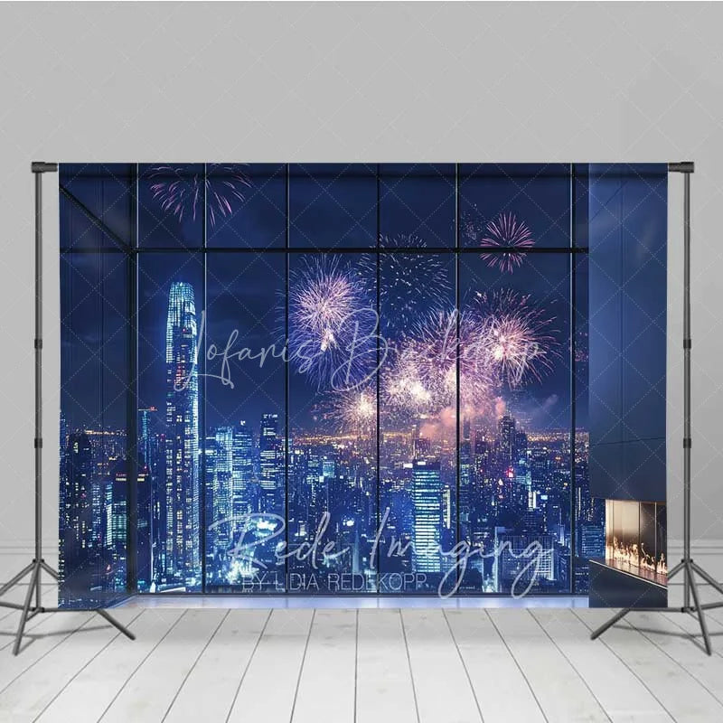 Lofaris Happy New Year City Skyline Photography Backdrop Night Fireworks Window View Photo Background Celebration Party Prop