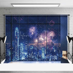 Lofaris Happy New Year City Skyline Photography Backdrop Night Fireworks Window View Photo Background Celebration Party Prop