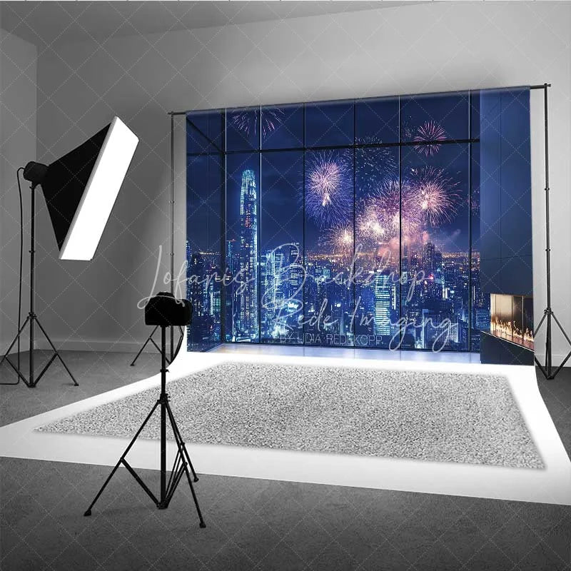 Lofaris Happy New Year City Skyline Photography Backdrop Night Fireworks Window View Photo Background Celebration Party Prop