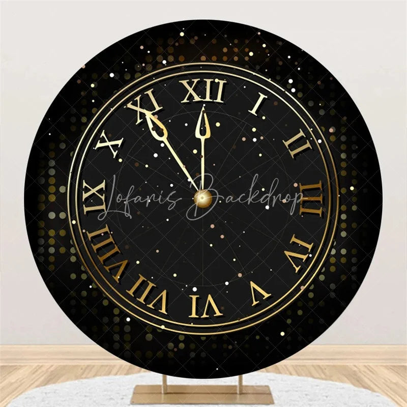 Lofaris Happy New Year Clock Round Backdrop Black Gold Countdown Dial Background for Party