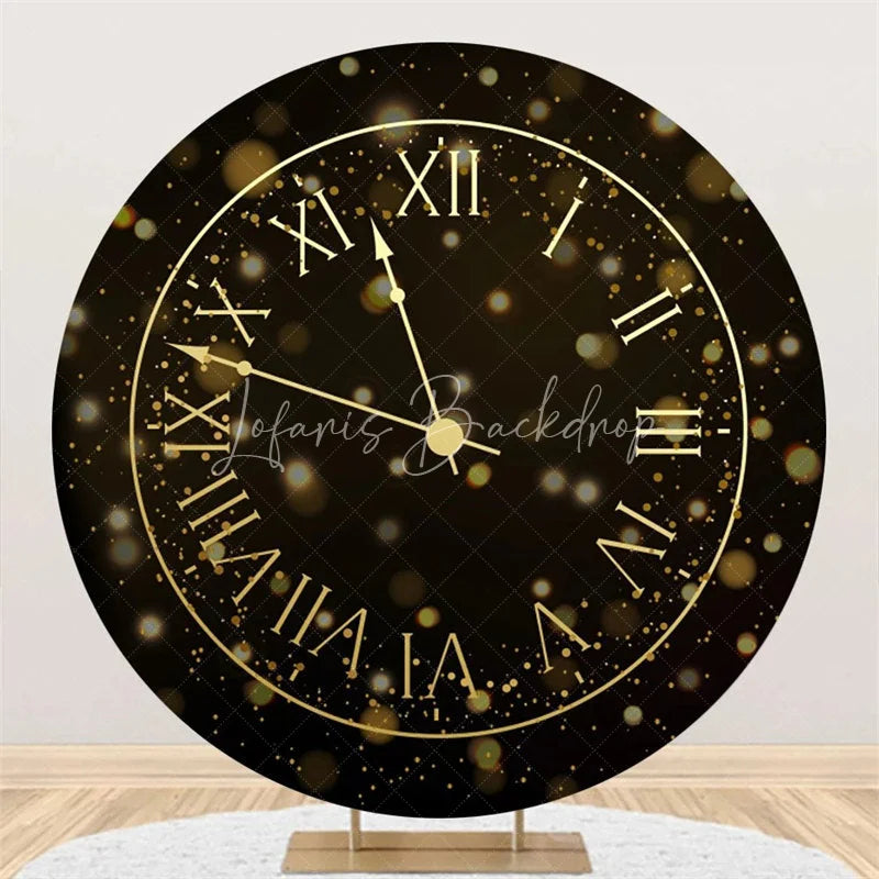 Lofaris Happy New Year Clock Round Backdrop Black Gold Countdown Dial Background for Party
