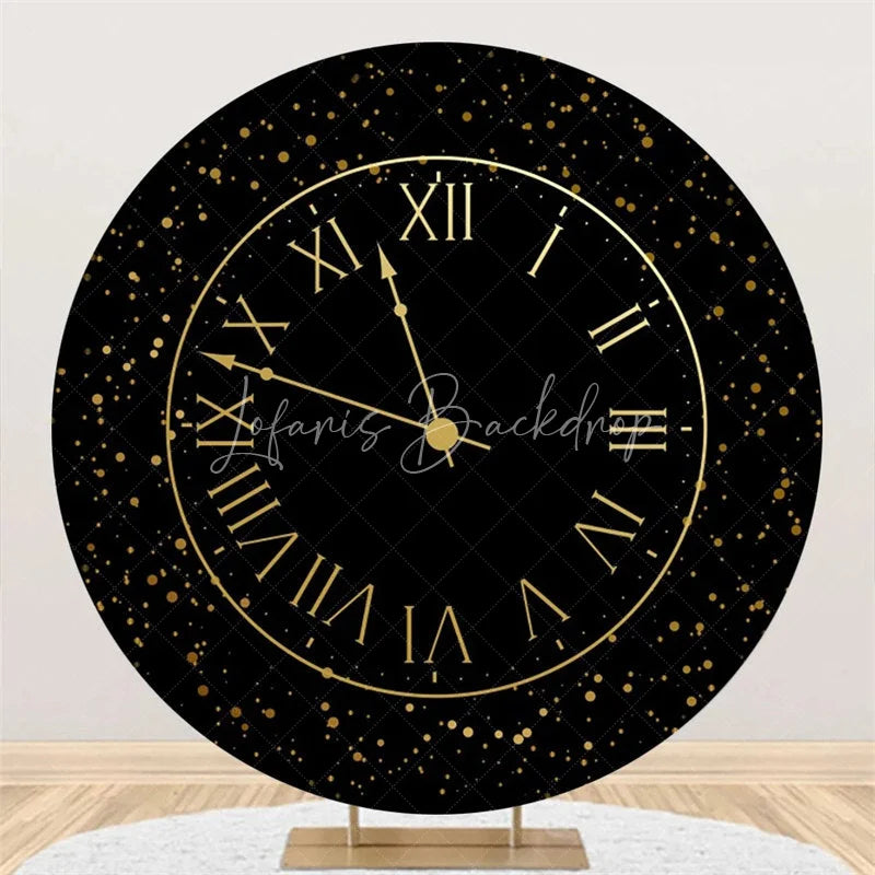 Lofaris Happy New Year Clock Round Backdrop Black Gold Countdown Dial Background for Party