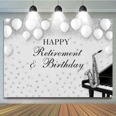 Lofaris Happy Retirement and Birthday Party Backdrop Black Silver with Saxophone Piano Music Themed Decor