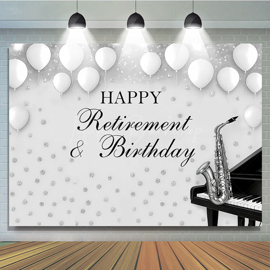 Lofaris Happy Retirement and Birthday Party Backdrop Black Silver with Saxophone Piano Music Themed Decor