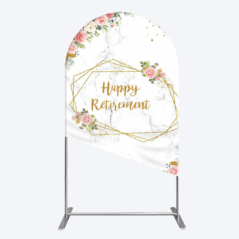Lofaris Happy Retirement Arch Backdrop with Pink Floral and Gold Frame Elegant Marble Party Photo Booth Decor for Women