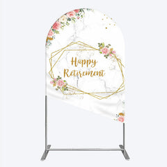 Lofaris Happy Retirement Arch Backdrop with Pink Floral and Gold Frame Elegant Marble Party Photo Booth Decor for Women