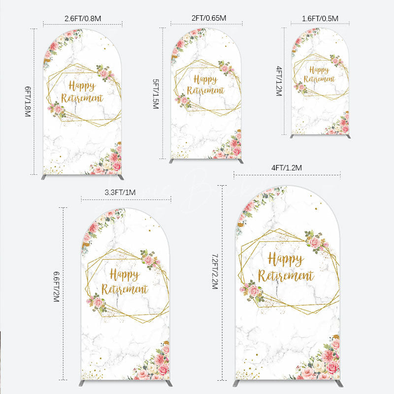 Lofaris Happy Retirement Arch Backdrop with Pink Floral and Gold Frame Elegant Marble Party Photo Booth Decor for Women