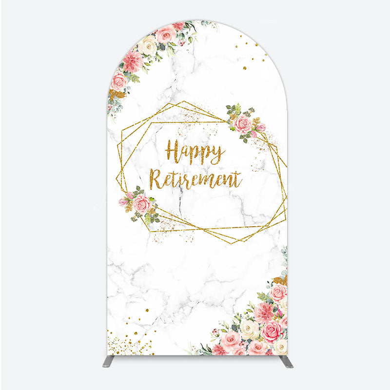 Lofaris Happy Retirement Arch Backdrop with Pink Floral and Gold Frame Elegant Marble Party Photo Booth Decor for Women