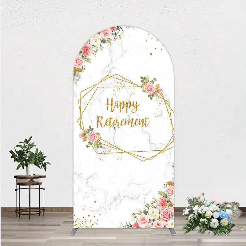 Lofaris Happy Retirement Arch Backdrop with Pink Floral and Gold Frame Elegant Marble Party Photo Booth Decor for Women