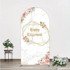 Lofaris Happy Retirement Arch Backdrop with Pink Floral and Gold Frame Elegant Marble Party Photo Booth Decor for Women