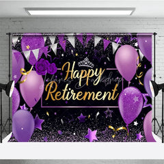 Lofaris Happy Retirement Backdrop for Women Purple and Black with Balloons Glitter Elegant Farewell Party Decor