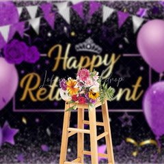 Lofaris Happy Retirement Backdrop for Women Purple and Black with Balloons Glitter Elegant Farewell Party Decor