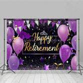 Lofaris Happy Retirement Backdrop for Women Purple and Black with Balloons Glitter Elegant Farewell Party Decor