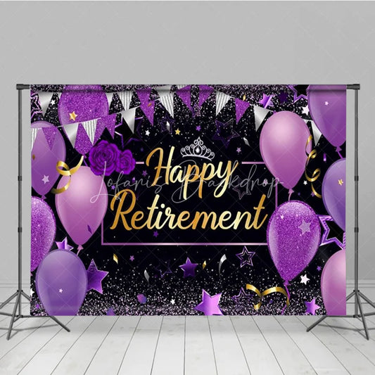 Lofaris Happy Retirement Backdrop for Women Purple and Black with Balloons Glitter Elegant Farewell Party Decor