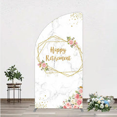 Lofaris Happy Retirement Half Moon Arch Backdrop with Pink Floral and Gold Frame Elegant Marble Party Photo Booth Decor for Women